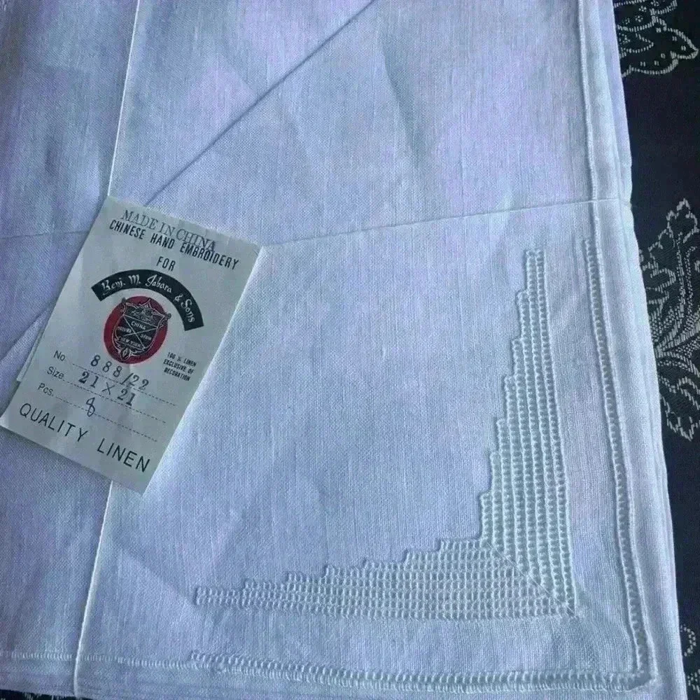 Vintage 1960 BENJAMIN M. JABARA & SONS white linen napkins hand embroidered 8 ct